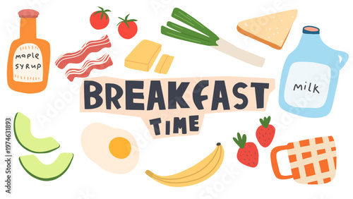 Vector set food and drinks for breakfast. Morning meal set.Scrambled eggs, avocado, toast, coffee, bacon