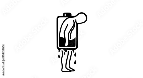 Vector illustration of a person inside a drained battery symbol, representing exhaustion and low energy. Modern design concept for presentations and marketing materials.