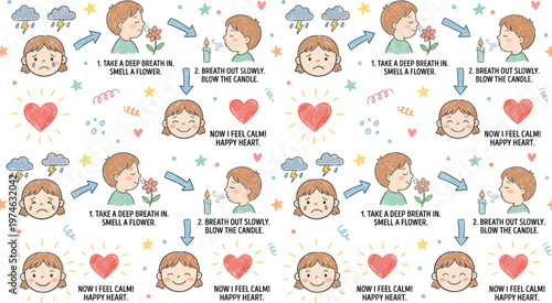 A colorful illustration of a child learning deep breathing exercises to feel calm and happy Ai, eps, jpg, transparent background, png