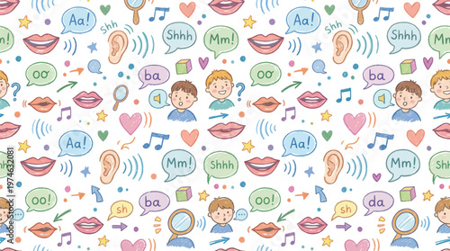 A colorful illustration of children's speech and hearing learning concepts on a white background Ai, eps, jpg, transparent background, png