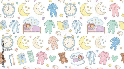 A colorful illustration of a child's bedtime routine with various objects and patterns Ai, eps, jpg, transparent background, png
