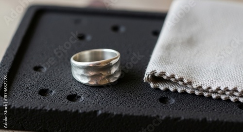 Minimalist Jewelry: Recycled silver ring on black volcanic stone tray