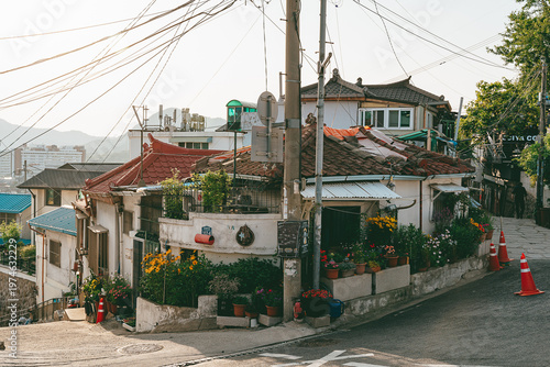 Photography Cozy residential street with flowers in Seoul, South Korea