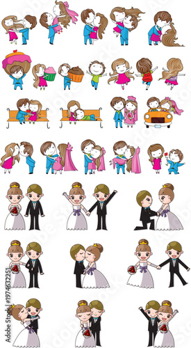 A charming collection of cute cartoon wedding couple illustrations showing romantic and playful moments. The set features a bride and groom in various poses such as hugging, dancing, kissing, and cele