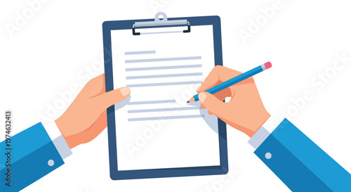 Official document signing and agreement concept showing human hands writing on a paper held by a blue clipboard.