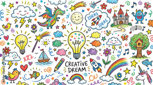 A vibrant and imaginative illustration of creative dreams and ideas for children Ai, eps, jpg, transparent background, png