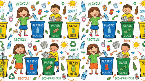 Children are promoting recycling and eco-friendly habits by sorting paper, plastic, and glass in colorful bins. Ai, eps, jpg, transparent background, png