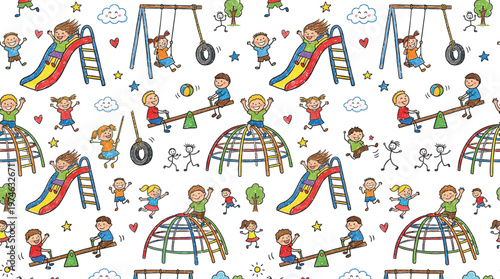 A colorful illustration of children playing on various playground equipment with swings and slides Ai, eps, jpg, transparent background, png