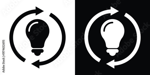 Modern lightbulb icon enclosed in circular arrows, symbolizing creative thinking, continuous innovation, brainstorming process, renewable ideas, and the lifecycle of a business concept.