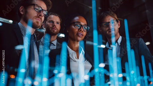 Business Team Analyzing KPI Hologram, Future Data Driven Strategy. Concept: Business Intelligence, KPI Analysis, Team Collaboration, Futuristic Technology, Corporate Strategy, Digital Innovation