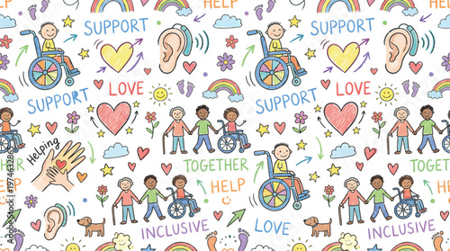 A colorful illustration of children with disabilities and their friends promoting inclusivity and support Ai, eps, jpg, transparent background, png