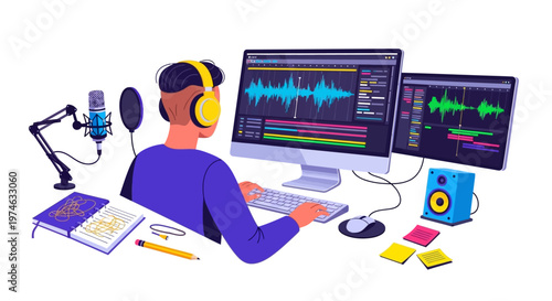 Person working on audio editing software on computer.