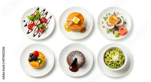 A delightful assortment of diverse culinary creations, showcasing sweet and savory dishes arranged artfully on white plates