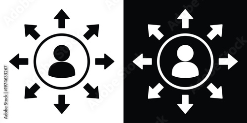Person silhouette in a circle with eight arrows pointing outward. Represents leadership, personal influence, networking, data distribution, human resources, and spreading information.