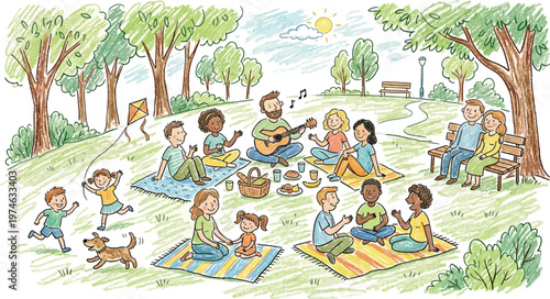 A group of people having a picnic in a park on a sunny day with trees and a dog Ai, eps, jpg, transparent background, png