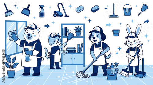 Cute cartoon animals as cleaning service staff, cleaning a room with tools and supplies.