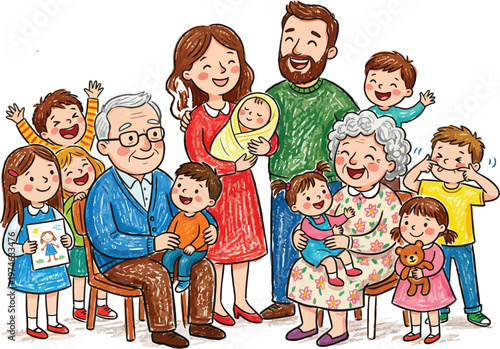 A large multigenerational family is gathered together for a happy portrait Ai, eps, jpg, transparent background, png