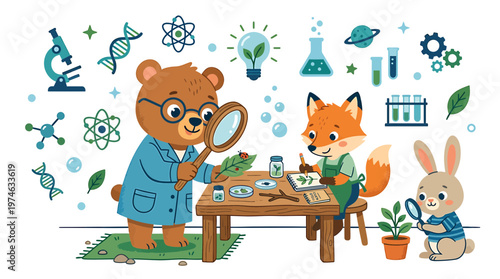 Cute cartoon animals conducting science experiment, learning biology and chemistry