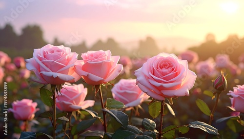 Field of blush pink roses bathed in warm sunlight with a soft, hazy background landscape