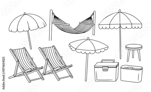 Relaxing beach scene elements including lounge chairs, hammocks, umbrellas, and coolers for vacation and leisure designs.