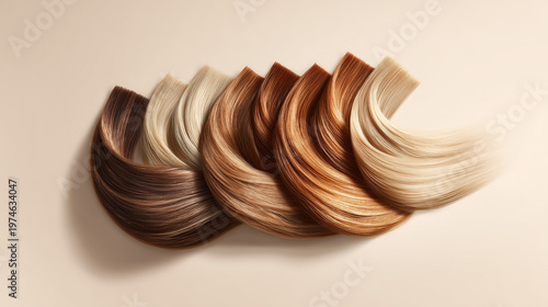 luxury hair dye advertising with realistic hair color swatches, professional salon hair color guide from blonde to brunette, silky smooth hair extensions palette on beige background
