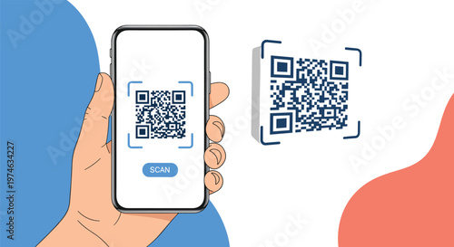 Modern technology and mobile payment concept showing a human hand holding a smartphone scanning a large QR code.