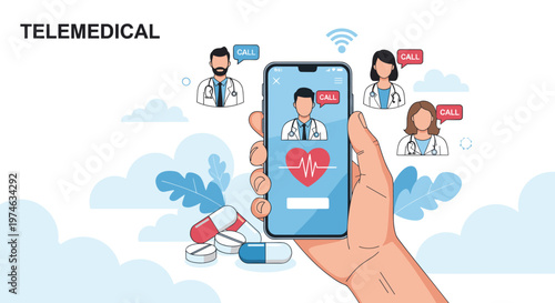 Telemedical and online healthcare concept showing a smartphone with a doctor on screen surrounded by medical professionals.