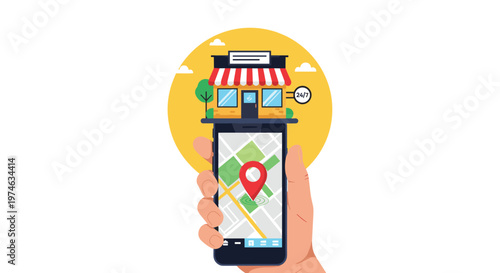 Local business search and mobile map concept showing a hand holding a phone with a location pin and a store icon.