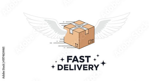 Fast delivery and express shipping service concept featuring a cardboard box with white wings and speed lines.