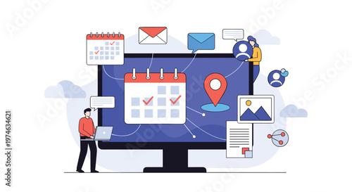 Business team managing tasks and schedules using a large digital calendar on a computer screen for efficient planning.
