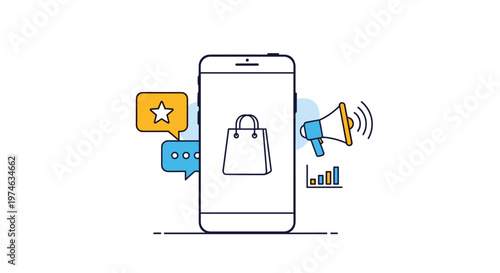 Mobile commerce illustration with a shopping bag on a smartphone screen surrounded by marketing and promotion icons.