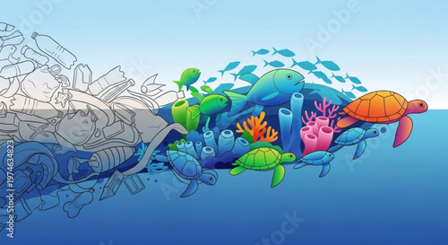 Colorful marine life swimming away from plastic pollution in ocean vector illustration showing environmental impact of waste on coral reefs and sea turtles
