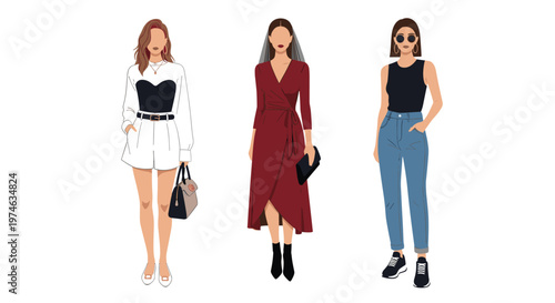 Fashion models displaying three different stylish outfits including a chic dress, casual wear, and denim for wardrobe inspiration.