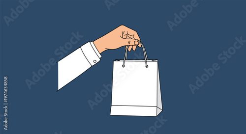 Hand reaching out and holding a white paper shopping bag against a dark blue background as a retail symbol.