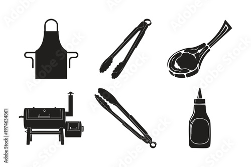Barbecue silhouette set bundle, grilling tools and food vector illustration.