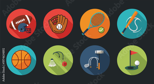 Various sports equipment icons including basketball, tennis, golf, baseball, and football arranged in colorful circles.