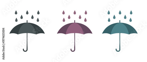 Colorful umbrella icons with rain drops for autumn weather forecast and seasonal protection graphic elements.