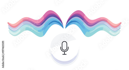 Black microphone icon on a white circle background with vibrant colorful sound waves flowing outwards to the sides.