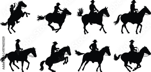 Cowboy riding horse silhouettes set, western ranch rider collection, equestrian black clipart, rodeo cowboy horse vector illustration bundle