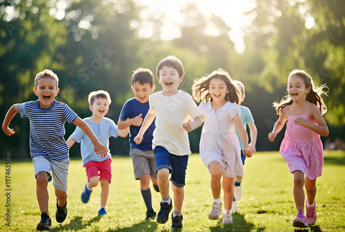 Group of happy children running in sunny park, smiling kids playing outdoors, active lifestyle, friendship and carefree childhood concept for childrens day