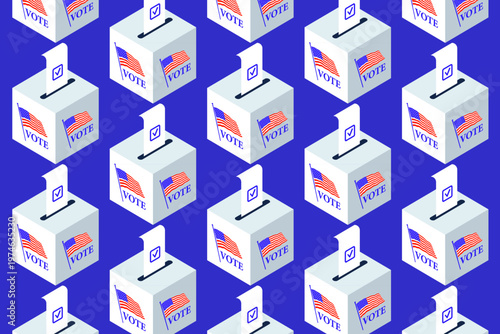 Isometric ballot boxes with completed bulletins and check marks. Pattern of boxes for US elections, voting concept, civic duty, election background, vector illustration.