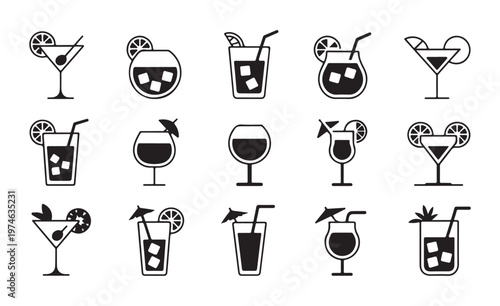 Set of various cocktail drink icons in different glass types with garnishes isolated on a white background.