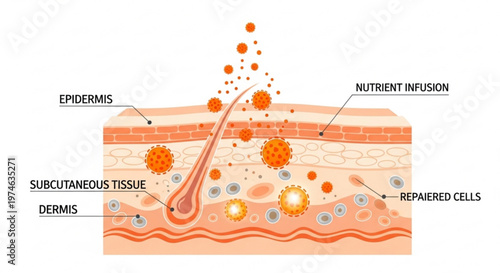 Biological diagram showing nutrient infusion into skin layers with epidermis dermis and subcutaneous tissue repair concept