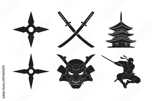 Ninja Silhouette Set Bundle with samurai mask and katana swords.