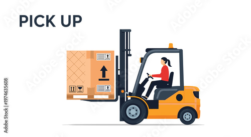Warehouse worker operating an orange forklift to lift and pick up a large heavy cardboard package for transport.