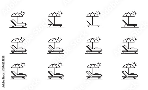 Beach scene icons with lounge chair and umbrella for summer vacation and travel.