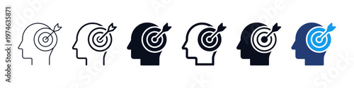 Target idea icon. human head with target and arrow icons set, goal concept in thin line, bold, solid, and blue flat styles for focus and goal setting.