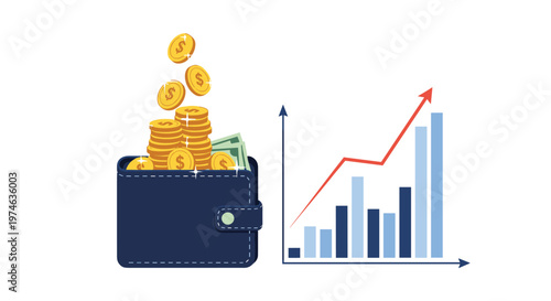 Dark blue leather wallet filled with gold coins and cash next to a financial bar graph showing an upward growth trend with a red arrow.