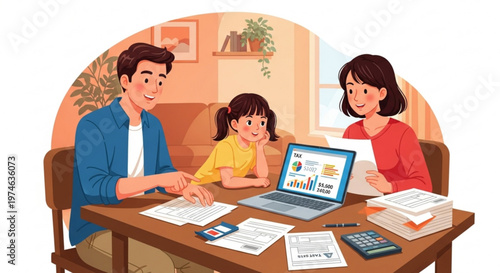 Family sitting at home table reviewing financial documents and tax forms on laptop