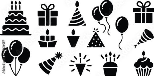 Black silhouette collection displays various festive birthday celebration elements and icons.